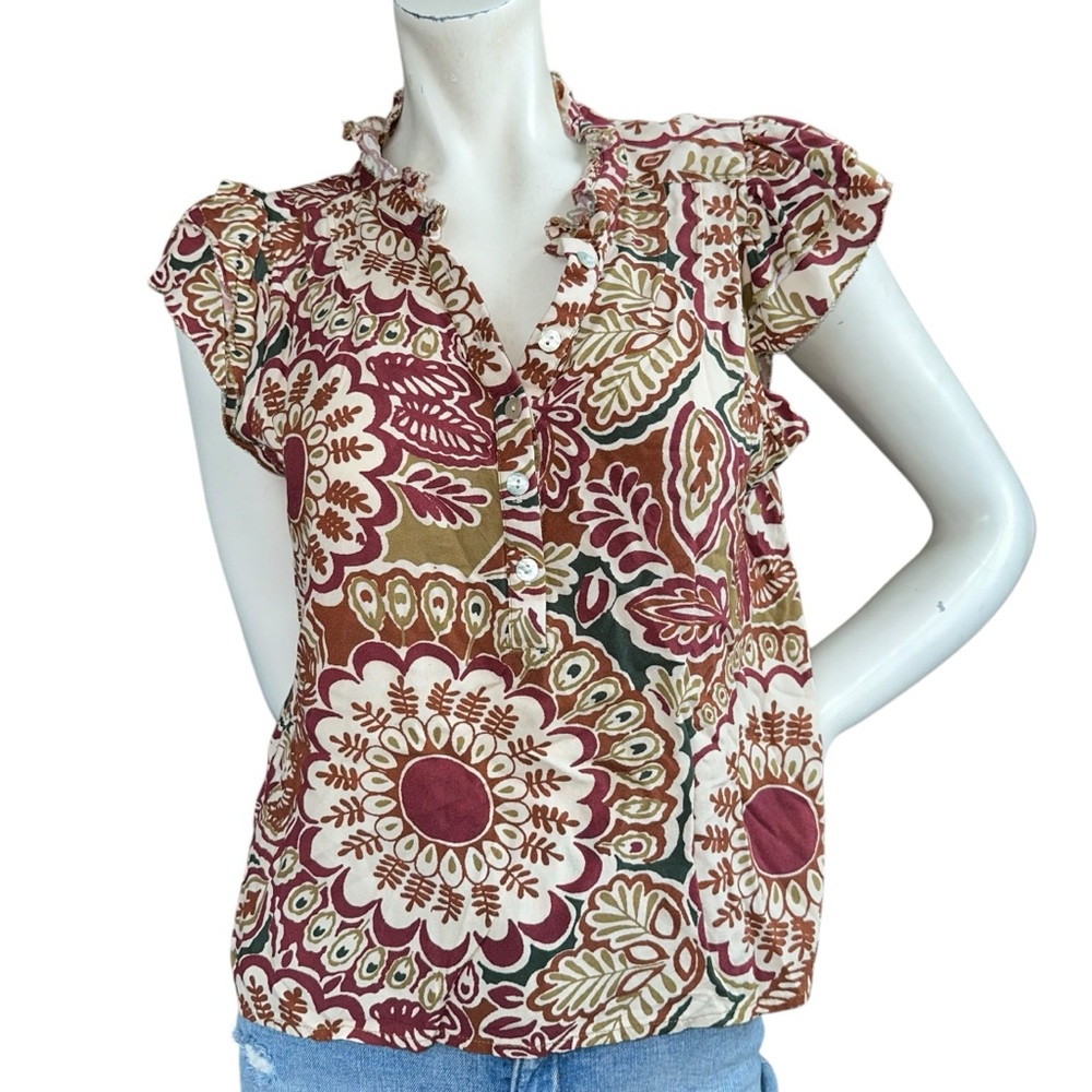 Faherty “Faith” Batik Boho Earth Tone Floral Print Ruffled Popover Blouse Small